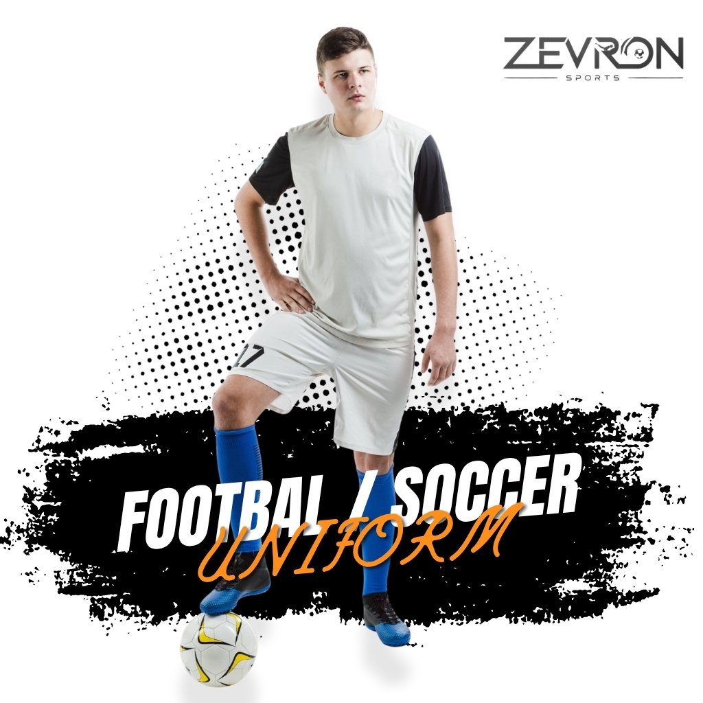 High-impact: A professional athlete wearing a custom Zevron Sports soccer uniform kit with a white jersey, black sleeves, and matching shorts, posing with a soccer ball.