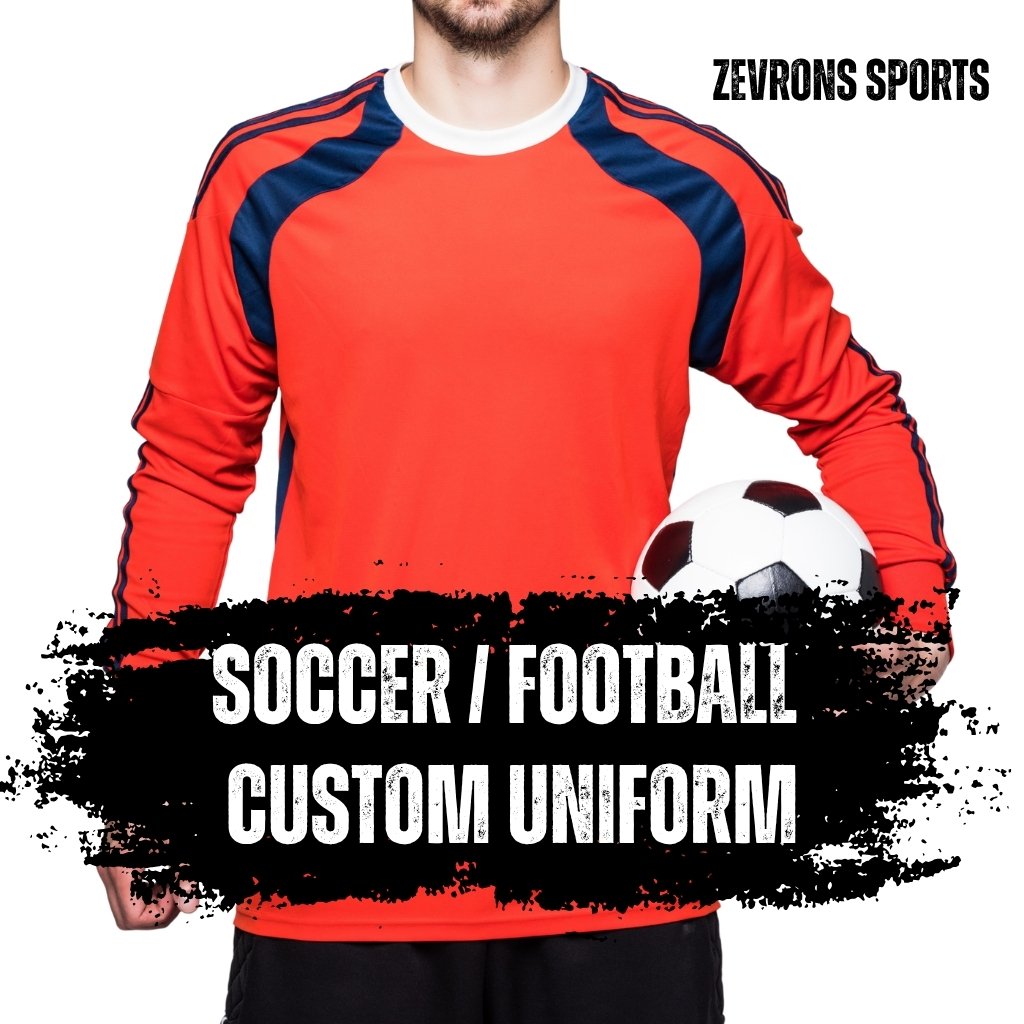 Zevrons Sports custom soccer and football kit featuring a red and navy long-sleeve performance jersey with a classic soccer ball.