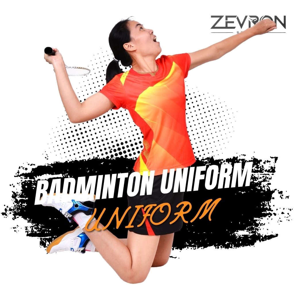 Female player in a white and black Zevron Sports badminton uniform holding a racket.