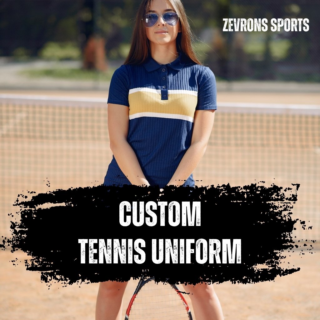 Zevrons Sports custom ladies tennis uniform featuring a navy blue ribbed polo shirt with yellow and white chest stripes.