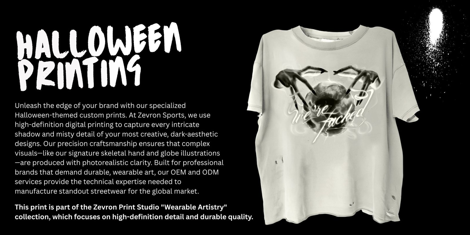 Custom white t-shirt featuring a detailed Halloween-themed "we're f***ed" graphic print manufactured by Zevron Sports.