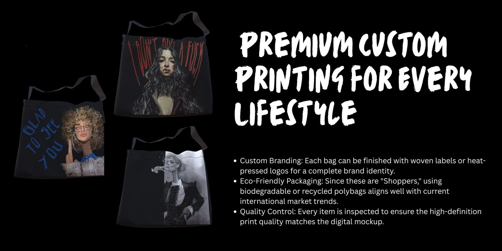 A collection of black shopper bags featuring high-definition artistic portraits and edgy typography, manufactured by Zevron Sports.