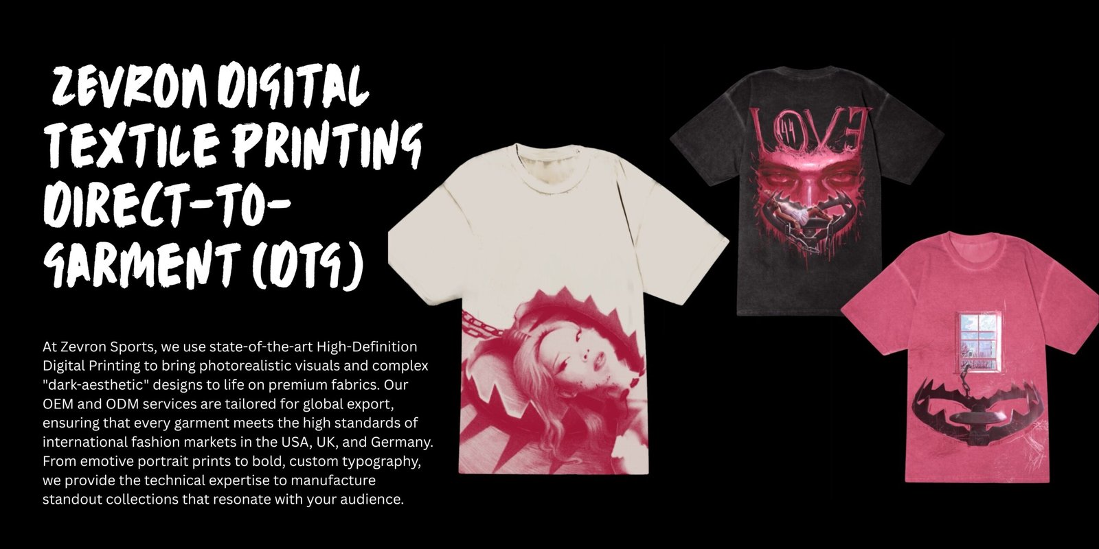Zevron Sports custom digital print merch for singers and fashion influencers featuring photorealistic graphic designs.