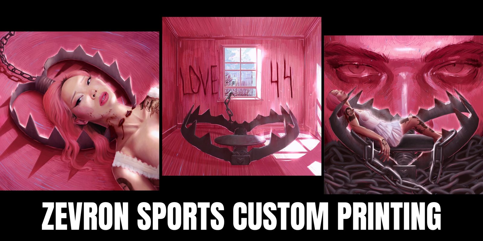 A banner for Zevron Sports Custom Printing featuring three high-definition, pink-toned artistic illustrations with a dark aesthetic for premium influencer merchandise.