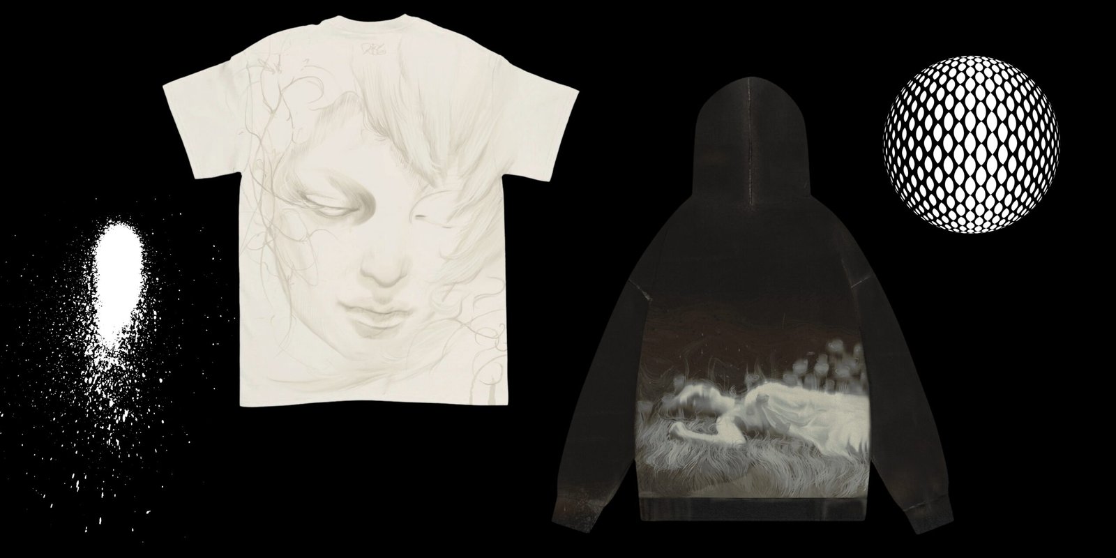Custom cream t-shirt with fine-line portrait sketch and black hoodie with surreal landscape print by Zevron Sports.