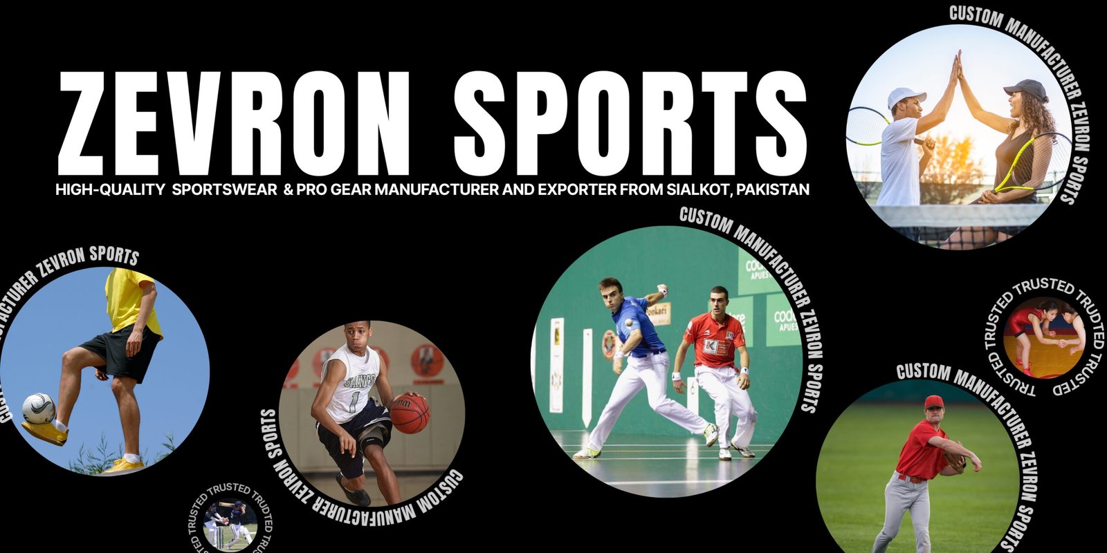 Zevron Sports custom sportswear manufacturer and pro gear exporter company banner in Sialkot Pakistan.